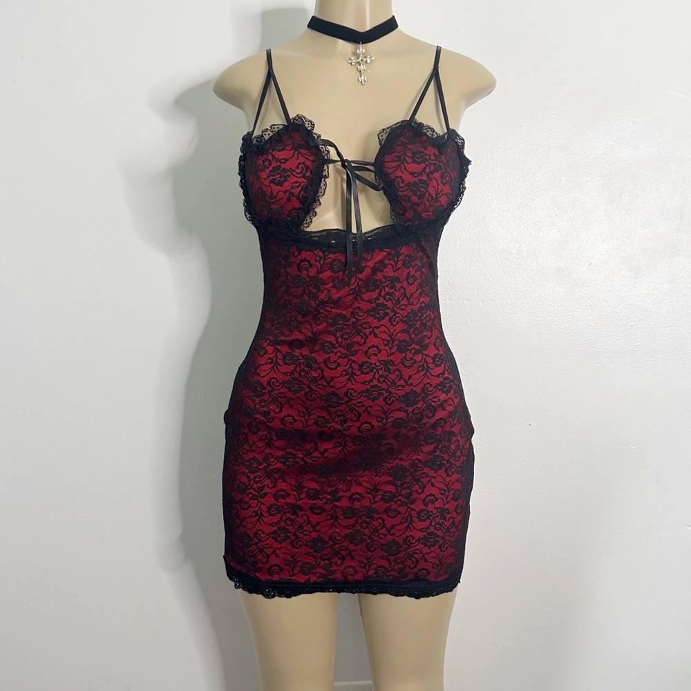 Valentine Sugar Thrillz Red Heart Lace Mini Spaghetti Strap Dress